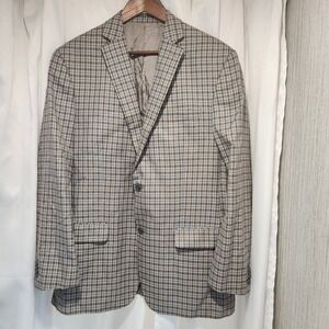 Michael Kors Men's Classic-Fit Tan Brown Blue Plaid Sport Coat‎ 42L